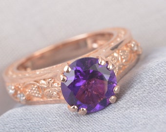 3.3Ct Natural Amethyst Engagement Ring In 14K Rose Gold | Solitaire Amethyst & Diamond Wedding Ring | Anniversary Ring | Promise Rings