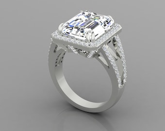 6Ct Emerald Shape Lab Grown Diamond Engagement Ring In 14K Solid White Gold | Unique Halo Diamond Wedding Ring | Anniversary Gifts For Wife