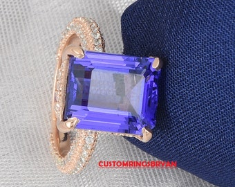 5.5Ct Natural Emerald Shape Tanzanite  Engagement Ring In 14K Solid Rose Gold | Tanzanite & Diamond Hidden Halo Wedding Ring | Gift For Her