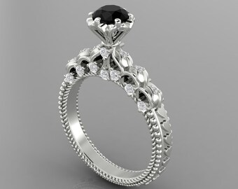 Vintage Natural Round Cut Black Onyx Engagement Ring In 14K Solid White Gold,Gorgeous Black Onyx & Diamond Wedding Ring,Gifts For Girlfriend