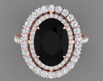 Gorgeous Natural Oval Shape Black Onyx Engagement Ring In 14K Solid Rose Gold, Black Onyx & Diamond Double Halo Ring, Valentine Gifts