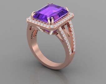 Split Shank Amethyst Engagement Ring In 14K Rose Gold | Natural Emerald Shaped Amethyst & Diamonds Wedding Ring | February Birthstone