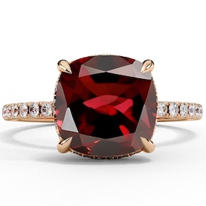 Natural Cushion Shape Red Garnet Engagement Ring In 14K Solid Rose Gold | Garnet & Diamond Wedding Ring | January Birthstone | Promise Ring
