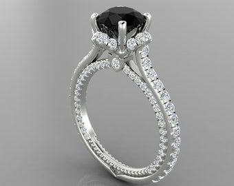 Natural Round Shape Black Onyx Engagement Ring In 14K White Gold | Black Onyx & Diamond Wedding Ring | Black Onyx Anniversary Ring