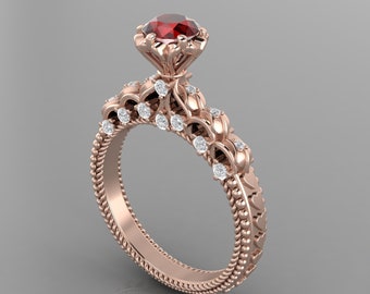 Vintage Natural Round Cut Red Garnet Engagement Ring In 14K Solid Rose Gold,Unique Garnet & Diamond Wedding Ring,January Birthstone Jewelry