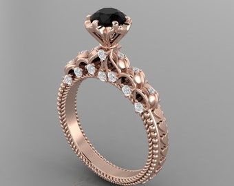 1.3Ct Round Shape Black Diamond Engagement Ring In 14K Solid Rose Gold | Vintage Black Diamond Wedding Ring | Anniversary Gift For Wife