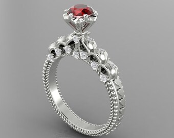 Natural Round Shape Red Garnet Engagement Ring In 14K Solid White Gold | Vintage Red Garnet & Diamonds Wedding Ring | January Birthstone