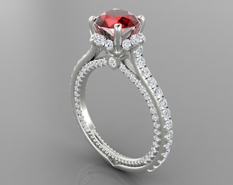 Natural Red Garnet Engagement Ring In 14K Solid White Gold | Vintage Garnet & Diamond Wedding Ring | Promise Ring | Anniversary Ring