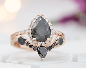 Natural Pear Shape Black Onyx Engagement Rings Set In 14K Solid Rose Gold,Black Onyx & Diamond Halo Ring Set,Curved Onyx Wedding Band