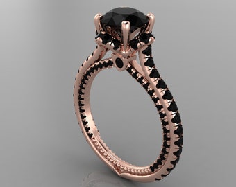 Unique Black Onyx Engagement Rings In 14K Solid Rose Gold,Natural Black Onyx Bridal Ring Black Spinel Rings,Anniversary Gifts For Wife