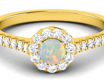 Natural Round Shape Opal Engagement Ring In 14K Solid Yellow Gold | Opal & Diamond Wedding Ring | Opal Anniversary Ring | Promise Ring