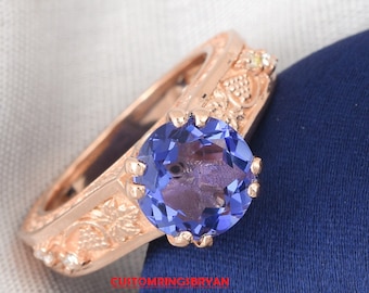 Vintage 3.7Ct Natural Round Cut Tanzanite Engagement Ring In 14K Rose Gold,Tanzanite & Diamond Wedding Ring,December Birthstone Jewelry