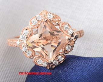 Natural Square Shape Morganite Engagement Ring In 14K Solid Rose Gold,Unique Morganite & Diamond  Women's Ring,Anniversary Gift For Wife