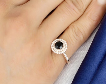 Natural Black Onyx Engagement Ring In 14K Solid Rose Gold | Black Onyx & Diamond Double Halo Wedding Ring | Anniversary Gifts | Promise Ring