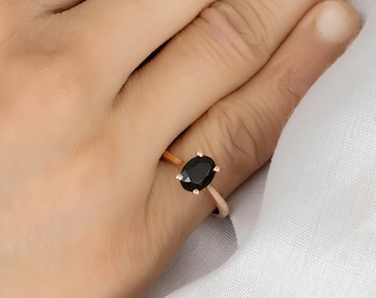 Solitaire Black Onyx Engagement Ring In 925 Sterling Silver | Black Onyx Wedding Ring | Natural Black Onyx Rings | Minimalist Rings