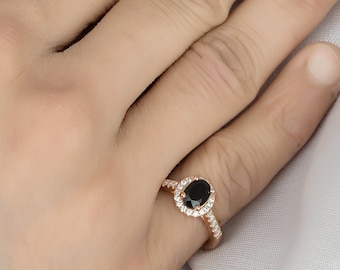 Gorgeous Natural Oval Cut Black Onyx Engagement Ring In 14K Solid Rose Gold,Black Onyx & Diamond Halo Ring,Unique Anniversary Gifts For Wife
