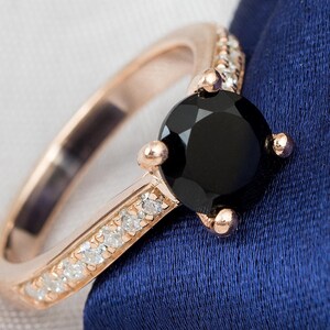 Solitaire Black Onyx Engagement Ring In 14K Rose Gold | Natural Black Onyx & Diamond Wedding Ring | Anniversary Ring | Promise Ring