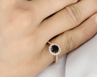 Natural Black Onyx Engagement Ring In 14K Solid Rose Gold | Black Onyx & Diamond Halo Wedding Ring | Anniversary Ring | Promise Ring