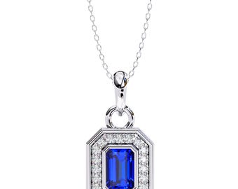 Natural Emerald Cut Tanzanite Engagement Pendant | 14K White Gold Tanzanite Pendant | AAAA Tanzanite & Diamond Pendant | Tanzanite Necklace
