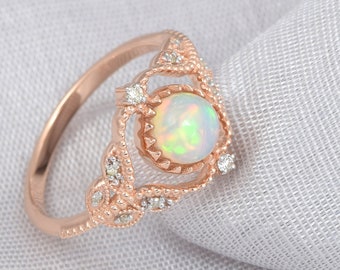 Natural Round Shape Opal Engagement Ring In 14K Solid Rose Gold | Vintage Opal & Diamond Wedding Ring | Anniversary Ring | Promise Ring
