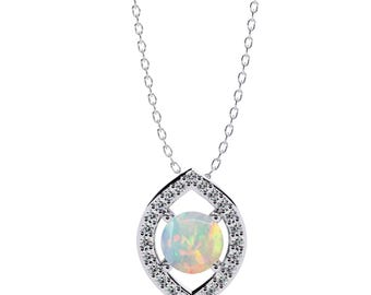 Natural Opal Pendant | 14K White Gold Opal Pendant | Opal & Diamond Pendant | Opal Wedding Pendant | Opal Necklace | Birthstone Pendant