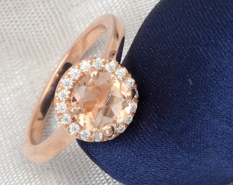 Natural Round Cut Morganite Engagement Ring In 14K Solid Rose Gold | Morganite & Diamond Halo Wedding Ring | Anniversary Ring | Promise Ring