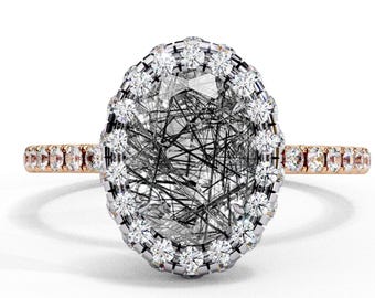 Oval Cut Black Rutile Wedding Ring | Black Rutile Engagement Ring | 14k Yellow Gold Black Rutile Ring | Black Rutile & Diamond Rings