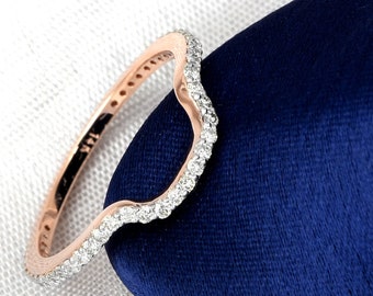 14K Solid Rose Gold Curved Diamond Wedding Bands | Natural Diamond Half Eternity Bands | Anniversary Curved Band | Promise Bands |