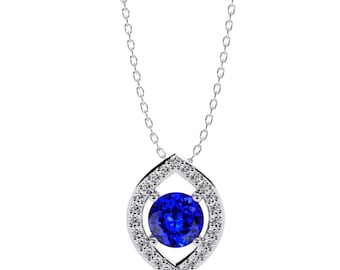 Natural Tanzanite Engagement Pendant | 14K White Gold Tanzanite Pendant | AAAA Tanzanite & Diamond Halo Pendant | Tanzanite Necklace
