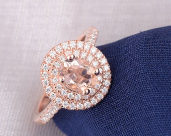 Natural Oval Shape Morganite Engagement Ring In 14K Solid Rose Gold | Morganite & Diamond Double Halo Ring | Anniversary Ring | Promise Ring