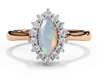 Natural Marquises Shape Opal Engagement Ring In 14K Solid Rose Gold | Opal & Diamond Wedding Ring | Opal Anniversary Ring | Promise Ring