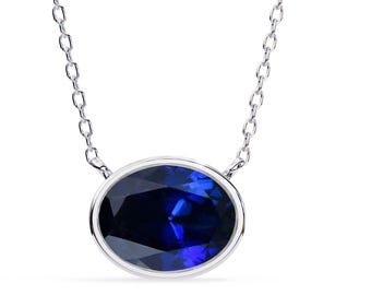 Blue Sapphire Engagement Pendant | 14K White Gold Sapphire Pendant |  Oval Blue Sapphire Pendant | Blue Sapphire Necklace | Handmade Pendant