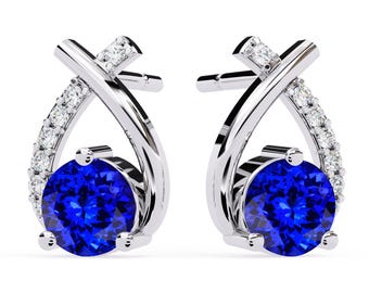 2Ct Natural Tanzanite Studs Earrings | Tanzanite & Diamond Earring | 14K White Gold Tanzanite Earring | AAAA Tanzanite Studs Earrings
