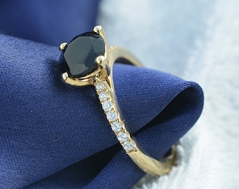 Natural Black Onyx Engagement Ring In 925 Sterling Silver | Round Shape Black Onyx & Diamond Wedding Ring | Anniversary Ring | Promise Ring
