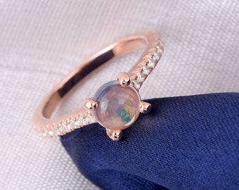 Natural Round Opal Engagement Ring In 14K Solid Rose Gold,Unique Opal & Diamond Wedding Ring,Solitaire Opal Ring,Anniversary Gifts For Wife