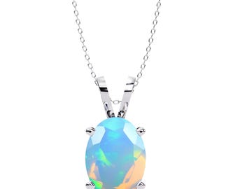 2.8Ct Natural Opal Pendant Necklace - 14K White Gold October Birthstone