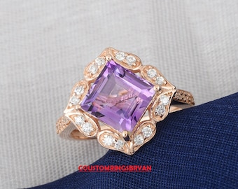 Natural Square Shape Amethyst Engagement Ring In 14K Solid Rose Gold | Amethyst & Diamond Wedding Ring | Anniversary Ring | Promise Ring