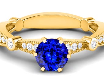 1.Ct Natural Tanzanite Engagement Ring In 14K Solid Yellow Gold | AAAA Tanzanite & Diamond Wedding Ring | Anniversary Ring | Promise Ring