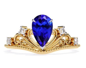 Natural Tanzanite & Diamond Ring | Vintage Tanzanite Engagement Ring | 14K Yellow Gold Tanzanite | AAAA Tanzanite Ring | December Birthstone