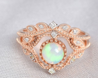 Gorgeous Natural Round Cut Opal Engagement Ring Set In 14K Solid Rose Gold,Opal & Diamond Ring,Leaf Curved Bands,Anniversary Gifts For Wife