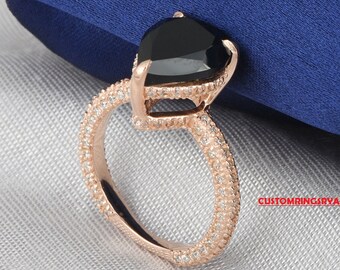 Natural Black Onyx Pear Shape Engagement Ring In 14K Solid Rose Gold | Black Onyx & Hidden Diamond Halo Ring | Promise Wedding Ring