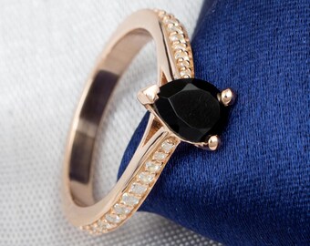 Natural Pear Shape Black Onyx Engagement Ring In 14K Solid Rose Gold,Unique Black Onyx & Diamond Wedding Ring,Anniversary Gifts For Wife