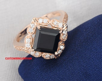 Natural Black Onyx Engagement Ring In 14K Solid Rose Gold | Unique Black Onyx & Diamond Ring | Black Onyx Wedding Ring | Promise Ring