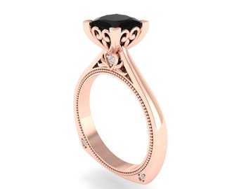 Flower Black Onyx Engagement Ring In 14K Solid Rose Gold,Unique Black Onyx & Diamonds Wedding Ring,Anniversary Gifts For Wife