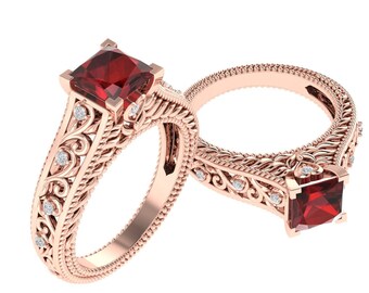 Vintage Red Garnet Engagement Ring In 14K Solid Rose Gold | Square Shape Natural Red Garnet & Diamond Wedding Ring | January Birthstone