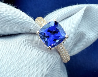 3.5Ct Natural Cushion Cut Tanzanite Engagement Ring In 14K Solid Rose Gold,Unique Tanzanite & Diamond Hidden Halo Ring,December Birthstone