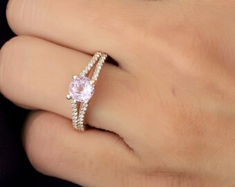 Split Shank Pink Morganite Engagement Ring In 14K Solid Rose Gold | Round Shape Pink Morganite & Diamond Halo Ring | Anniversary Gifts