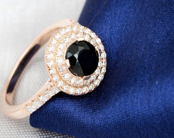 Natural Black Onyx Ring | Onyx Engagement Ring | 14K Rose Gold  Black Onyx Ring | Black Onyx & Diamond Double Halo | Anniversary Gifts