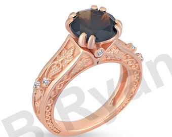 Solitaire Smoky Quartz Engagement Ring In 14K Rose Gold | Natural Smoky Quartz & Diamond Ring | Vintage Quartz Ring | Promise Rings