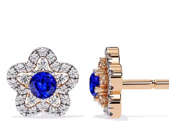 Natural Tanzanite Studs Earrings | Unique Tanzanite & Diamond Earring | 14K Yellow Gold Tanzanite Earring | AAAA Tanzanite Studs Earrings